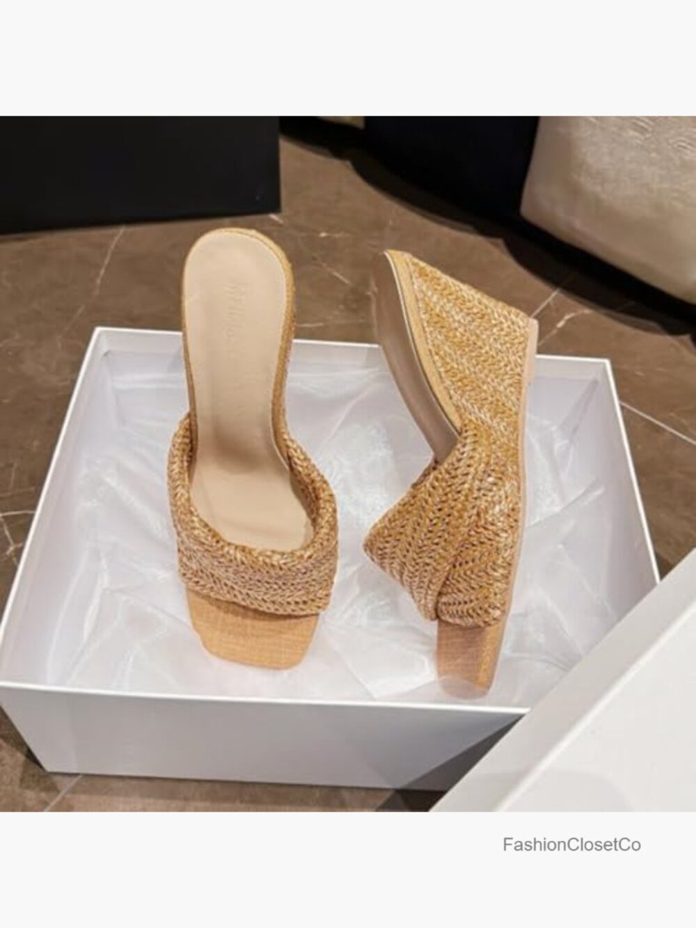 Square Open Toe Braided Wedge Sandals - Slip On High Heel Mules Raffia Slide - Picture 4 of 7